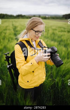 Photographe professionnel regardant de nouvelles photos de champ de blé Banque D'Images