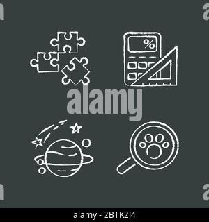 Sciences naturelles et formelles craie icônes blanches sur fond noir Illustration de Vecteur