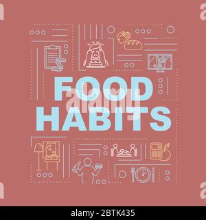 Bannière de concepts de mots de mauvaises habitudes alimentaires et saines. Nutrition, alimentation et excès. Infographies avec icônes linéaires sur fond rouge. Isolé Illustration de Vecteur