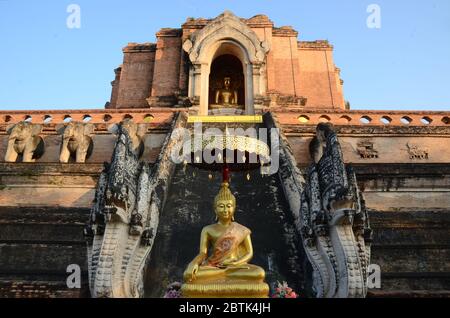 Statue de Bouddha d'or assise devant Phra That Chedi Luang - autrefois le plus grand chedi de la région de Chiang Mai Banque D'Images