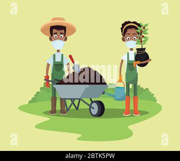 couple d'agriculteurs afro portant des masques médicaux scène Illustration de Vecteur