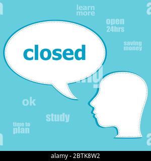 Texte fermé. Concept de sécurité . Silhouette de tête avec bulle de parole Banque D'Images