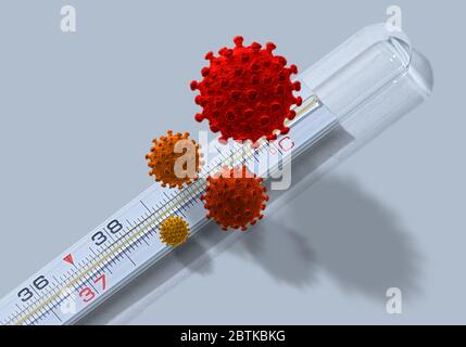 Thermomètre au mercure créatif avec échelle de coronavirus indiquant une température corporelle élevée. Recherche et examen en santé. Quarantaine et isolement. Banque D'Images