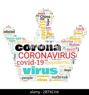 Nuage de mots sur le thème de l'épidémie de coronavirus en forme de corona sur fond blanc. Résumé concept coronavirus Disease COVID-19, nuage de tags Banque D'Images