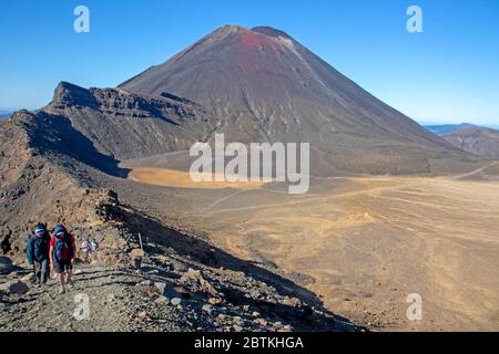 Randonneurs sur le Tongariro Alpine Crossing au-dessus du South Crater, avec le Mont Ngauruhoe derrière Banque D'Images