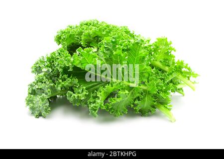 Tas de feuilles de kale vert frais et cru sur fond blanc isolé. Kale est un super-aliment sain pour le régime, ont des oméga 3, des protéines, des vitamines et des minéraux. Banque D'Images