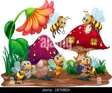 Scène de jardin avec beaucoup d'abeilles volant dans l'illustration de jardin Illustration de Vecteur