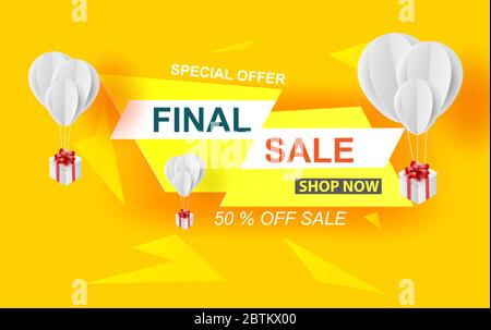 Offre spéciale dernière vente bannière avec boîte cadeau ballons sur fond jaune pastel, jusqu'à 50 % de réduction.Design créatif papier et artisanat minimal.SP Illustration de Vecteur