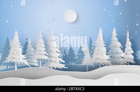 Décor Joyeux Noël et nouvel an sur le fond de vacances avec forêt hiver neige saison paysage.Design créatif papier art et le style de coupe pour Illustration de Vecteur