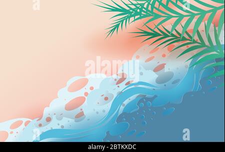 Illustration de la vue du dessus feuille tropicale et vagues de mer sur la plage. L'été saison arrière-plan avec seacoast.Creative design papier art scène lieu FO Illustration de Vecteur