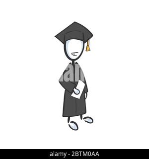 Bonne école diplômé en chapeau carré avec diplôme. Cérémonie de remise des diplômes, examens finaux, certificat de diplôme. Dessiné à la main. Dessin animé de stickman. Doodle Illustration de Vecteur