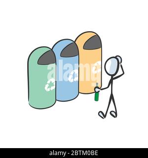 Tri et recyclage des déchets. Poubelle pour papier, verre, plastique et déchets de jardinage. Dessiné à la main. Dessin animé de stickman. Esquisse Doodle, graphique vectoriel Illustration de Vecteur
