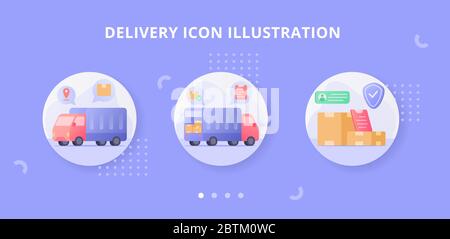 Collection de jeux d'icônes de livraison avec style plat couleur moderne dessin animé plat avec camion et boîtes d'expédition illustration vectorielle Banque D'Images