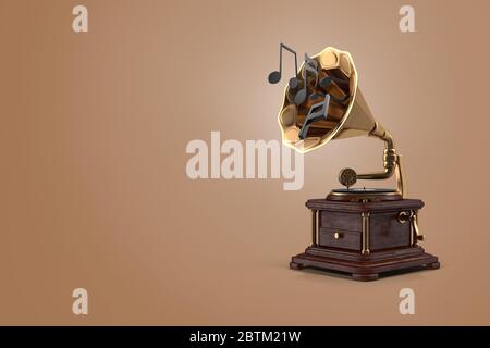 Gramophone doré rétro avec rendu 3D et notes de musique sur fond marron isolé. Banque D'Images