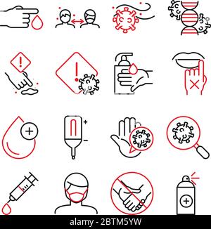 Ligne bicolore style icône ensemble conception de soins médicaux et covid 19 thème du virus illustration vectorielle Illustration de Vecteur