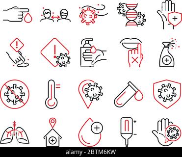 Ligne bicolore style icône ensemble conception de soins médicaux et covid 19 thème du virus illustration vectorielle Illustration de Vecteur