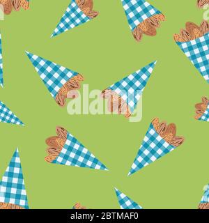 Noix d'amande grillées vectorielles dans de jolis sacs en papier Vichy bleu sur fond de motif sans couture. Graines ovales brunes sur fond vert. Les coques du noyau sont répétées pour Illustration de Vecteur