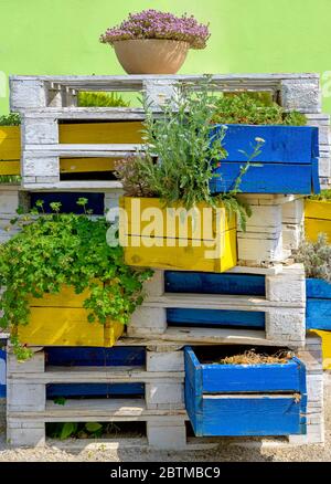 tour faite de palettes de transport peintes en blanc avec quelques plantes vertes dans des caisses en bois Banque D'Images