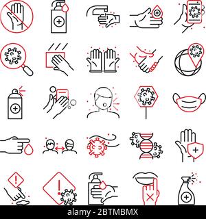 Ligne bicolore style icône ensemble conception de soins médicaux et covid 19 thème du virus illustration vectorielle Illustration de Vecteur