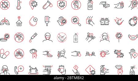 Ligne bicolore style icône ensemble conception de soins médicaux et covid 19 thème du virus illustration vectorielle Illustration de Vecteur