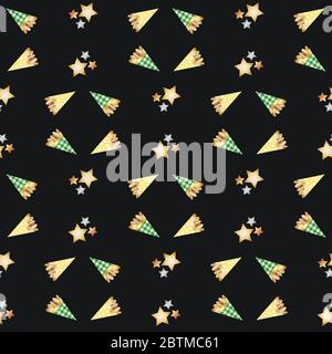 Noix d'amande rôties dans des sacs Vichy vectorisés sans couture. Confiserie, arbres festifs, fond noir étoiles or. Conception géométrique pour Illustration de Vecteur