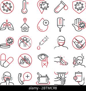 Ligne bicolore style icône ensemble conception de soins médicaux et covid 19 thème du virus illustration vectorielle Illustration de Vecteur