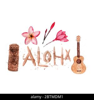 Simbols hawaïens - Luau, Aloha, Tiki, Ukulele, Plumeria Illustration d'aquarelle isolée sur blanc Banque D'Images