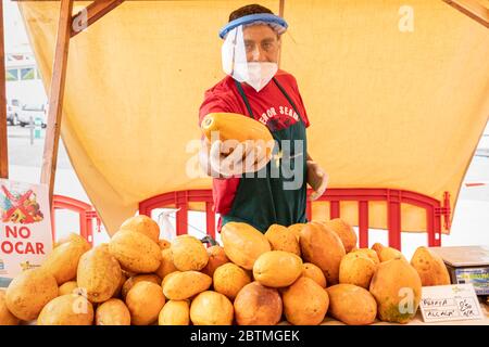 Le marché agricole local s'ouvre après dix semaines de confinement, vendant des fruits et légumes écologiques cultivés localement, pendant la phase deux de la désescalade du covid 19, état d'urgence du coronavirus. Playa san Juan, Tenerife, Iles Canaries, Espagne. 27 mai 2020. Banque D'Images