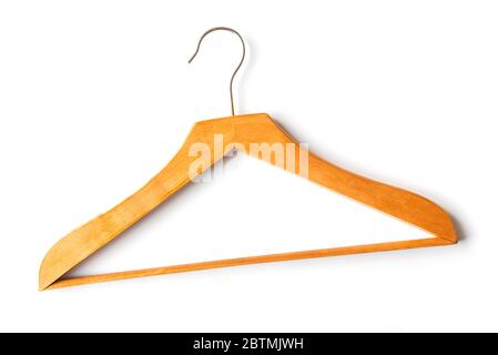 Vieux cintre classique en bois pour les vêtements isolés sur fond blanc, vue du dessus Banque D'Images