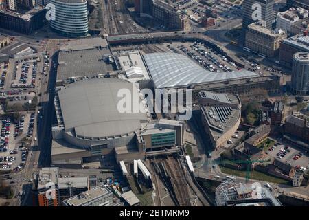 Vue aérienne de Manchester Arena et de la gare Manchester Victoria Banque D'Images