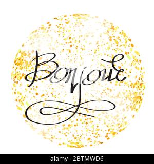 Phrase Bonjour sur cercle confetti jaune. Main Sketched Vacation Typography signe pour badge, icône. Banque D'Images