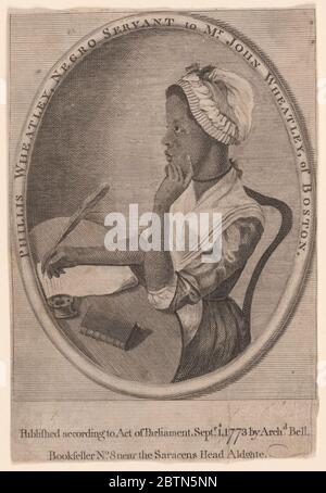 Phillis Wheatley. Née en Gambie, AfricaPhillis Wheatley a été la première Afro-américaine à publier un livre et la première femme américaine à gagner sa vie grâce à son écriture. Ce n’était pas un mince exploit, considérant qu’elle est arrivée en Amérique comme esclave. En 1761, la famille Wheatley à Boston l'a achetée. Banque D'Images