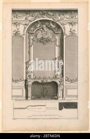 Assiette 2 Décoration de chemin pour un grand appartement. Recherche en ProgressPrinted à partir de deux plaques. A) une cheminée richement décorée avec un miroir dans une niche peu profonde. Décoration : feuillage, fleurs, putti, et une peinture représentant la naissance de Vénus dans la partie supérieure du miroir. Chandeliers avec mastic sur la pièce de meniche. Banque D'Images