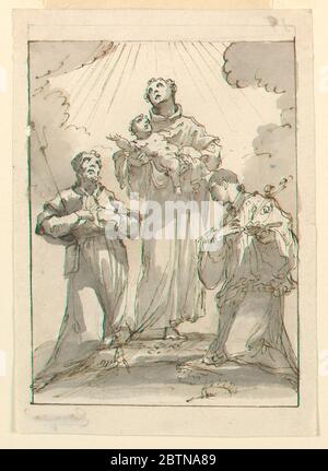 Saint Anthony de Padoue tenant le bébé. La recherche en ProgressSaint Anthony est présentée en demi-longueur. Le nourrisson tire ses joues. Au-dessous se trouve une ligne et une partie supérieure d'un autre modèle. Banque D'Images