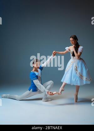 De jeunes danseurs de ballet gracieux comme des personnages de fairella sur fond de studio. Art, mouvement, action, flexibilité, inspiration concept. Danse de danse caucasienne flexible dansant, dansant. Banque D'Images