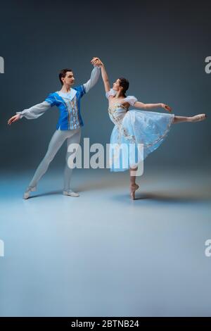 De jeunes danseurs de ballet gracieux comme des personnages de fairella sur fond de studio. Art, mouvement, action, flexibilité, inspiration concept. Danse de danse caucasienne flexible dansant, dansant. Banque D'Images