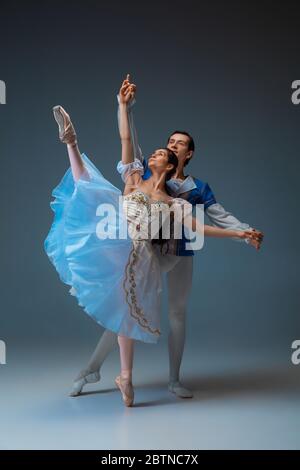 De jeunes danseurs de ballet gracieux comme des personnages de fairella sur fond de studio. Art, mouvement, action, flexibilité, inspiration concept. Danse de danse caucasienne flexible dansant, dansant. Banque D'Images