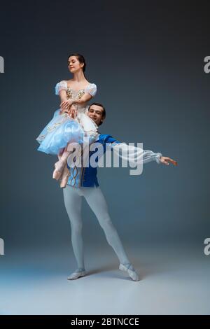 De jeunes danseurs de ballet gracieux comme des personnages de fairella sur fond de studio. Art, mouvement, action, flexibilité, inspiration concept. Danse de danse caucasienne flexible dansant, dansant. Banque D'Images