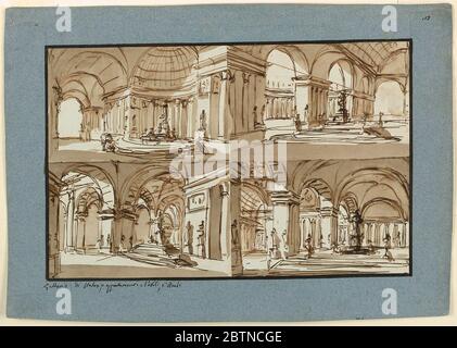 Scène de conception d'un palais intérieur. Recherche en ProgressFour différents intérieurs de salles voûtées hautes décorées de sculptures. Banque D'Images