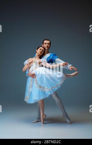 De jeunes danseurs de ballet gracieux comme des personnages de fairella sur fond de studio. Art, mouvement, action, flexibilité, inspiration concept. Danse de danse caucasienne flexible dansant, dansant. Banque D'Images