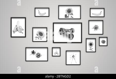Cadres avec des photos sur un mur gris, une galerie avec des photos en noir et blanc et des photos accrochées au mur. Banque D'Images