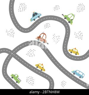 Dessin animé carte mignonne pour enfants avec voiture, route, éléments de paysage de ville. Voitures, bâtiment, route dessinée à la main, style jouet pour enfants. Illustration vectorielle. Illustration de Vecteur