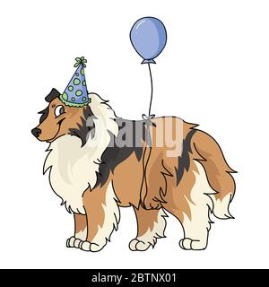 Mignon dessin animé rugueux chien collie avec chapeau de fête vecteur clipart. Chien de berger de chenil d'ascendance pour les amoureux de chiens. Un chiot domestique de pure race pour célébrer Illustration de Vecteur