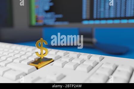 Faire de l'argent en ligne depuis la maison. Le signe du dollar doré flotte sur le clavier de l'ordinateur. Concept de rendu 3D numérique. Banque D'Images