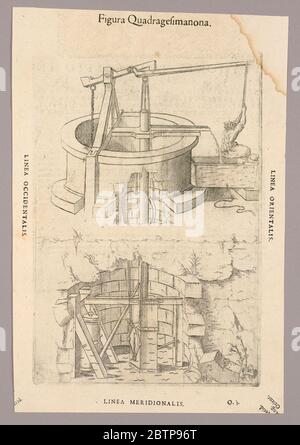 Plaque XLIX de Theatrum instrumentorum et machinarum. Recherche en ProgressPump exécuté par un homme, en haut à droite, levier mobile pour lever et abaisser un poids, en bas à gauche. Eau s'intournant dans la gouttière sous l'homme. Fond du puits illustré ci-dessous. Description en latin sur le verso du 1949-152-246. Banque D'Images