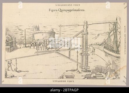 Plave LVI de Theatrum instrumentorum et machinarum. Recherche en ProgressMachien pour soulever un navire hors de l'eau, droit, au-dessus d'un mur. Un châssis, une grue et un tuyau; des grappins sur le mât du navire, un homme, ont quitté le contrôle de celui-ci. Châteaux, au-delà, aussi une ville. Description en latin sur le verso du 1949-152-253. Banque D'Images