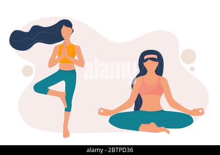 Deux jolies filles pratique le yoga dans différentes positions. Harmonie et vie saine. Illustration vectorielle de stock Illustration de Vecteur