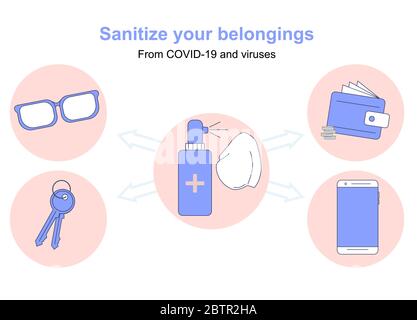 Instructions ce que les choses personnelles sont désinfectées avec des virus et Covid-19 est un téléphone, des clés, de l'argent, portefeuille et des lunettes. Schéma de l'affiche avec le Illustration de Vecteur