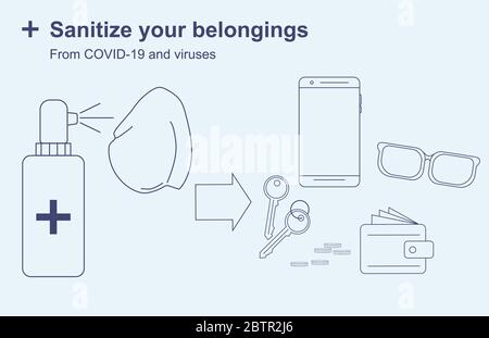 Les instructions pour la désinfection des articles personnels avec des virus et Covid-19 sont un téléphone, des clés, de l'argent, un portefeuille et des lunettes. Une affiche de dessin au trait Illustration de Vecteur