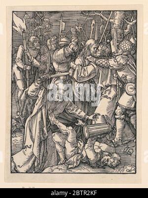 La prise du Christ de la petite série de passion. Recherche en ProgressSaint Pierre, avec une épée relevée, se dresse sur le serviteur déchu du souverain Sacrificateur. En arrière-plan, Christ reçoit le Kiss de Judas comme il est pris par les soldats. Monogramme de Dürer, en bas à droite. Banque D'Images